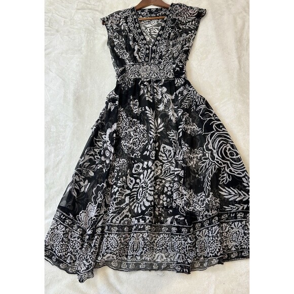 VTG Mixit Dress Sze 10 Sheer Silk Beaded Flowy Ethereal Romantic Y2k Black White - Picture 2 of 13